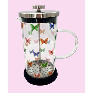NWT COLORFUL BUTTERFLY GLASS FRENCH PRESS COFFEE MAKER STAINLESS LID/PLUNGER